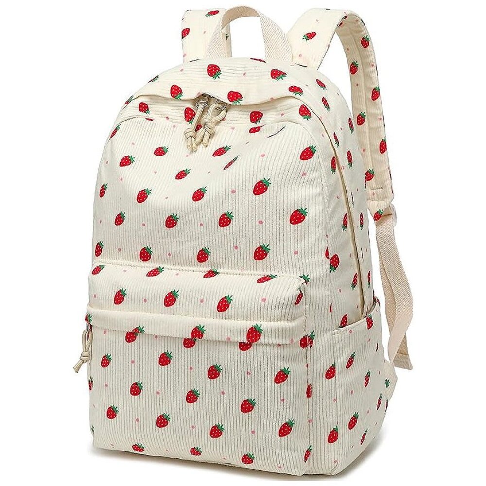 Large Corduroy Bookbag Lightweight 17 inch-Beige-strawberry